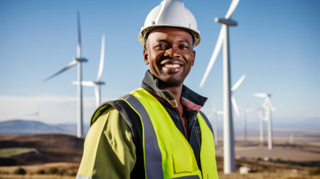 Portrait of a smiling male engineer standing in front of wind turbinesの素材