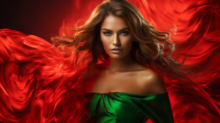 Beautiful woman with flying hair. Red background. Beauty, fashion.の素材