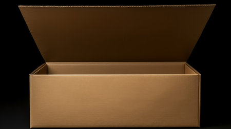 Open brown cardboard box on a black background. 3d rendering.の素材