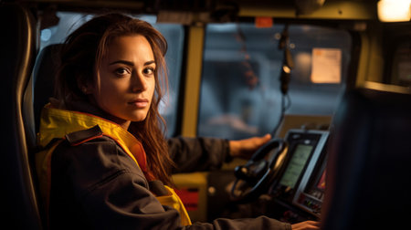 Detail-oriented female bus operator close-up portraitの素材