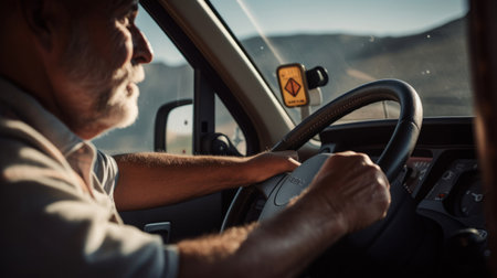 Intense close-up of bus driver's hands gripping steering wheel navigating mountain road softly lit scenic settingの素材