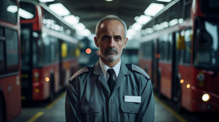 Portrait of experienced bus driver outside bus depot line of parked busesの素材