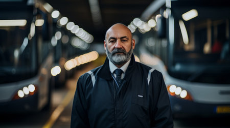 Experienced bus driver outside bus depot line of parked buses intense portraitの素材