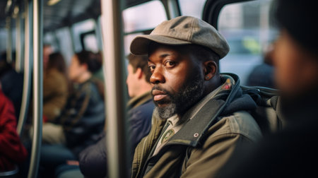 Bus driver concentrates on announcing next stop to passengers close-up portraitの素材