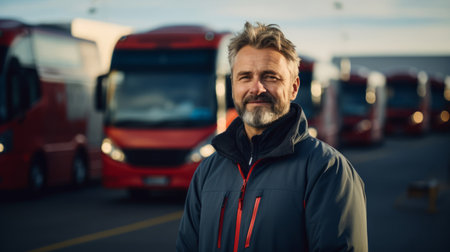 Experienced long-haul bus driver in 40s at highway rest stop portraitの素材