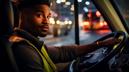 Close-up of determined young bus driver focused on road ahead in urban intersectionの素材