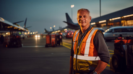 Pilot coordinating ground operations at busy airport portraitの素材