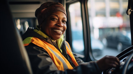 Close-up portrait of inquisitive bus driver framed by cityscape visible through bus windshieldの素材