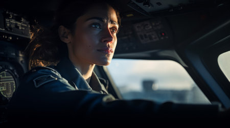 Close-up portrait of inquisitive pilot framed by cockpit window and view of Earth belowの素材