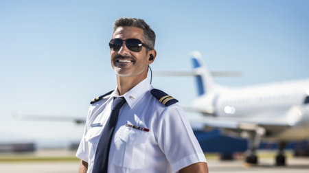 Close-up portrait of confident airline pilot on runway with commercial jet in backgroundの素材