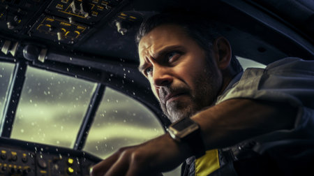 Close-up of determined pilot in mid-30s guiding commercial airliner through turbulent storm skilled flying soft natural lightingの素材