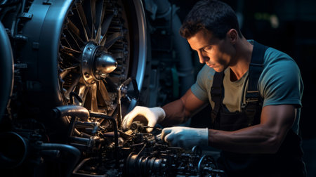 Portrait of dedicated pilot meticulously inspecting engine of aircraft for safety surrounded by maintenance tools soft warm lightingの素材
