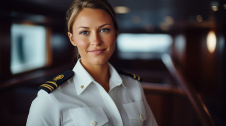 Portrait of confident female boat captain soft golden lightの素材