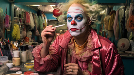 Professional circus clown applies makeup in dressing roomの素材
