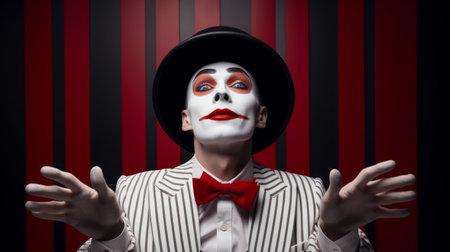 Mime clown performs invisible box routine with focusの素材