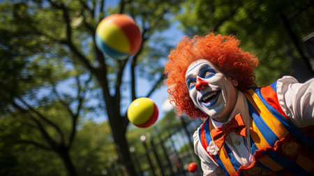 Clown juggles brightly colored balls under blue skyの素材