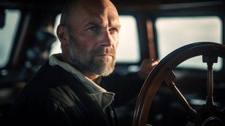 Captain's thoughtful expression framed by ship's wheel and coastal viewの素材
