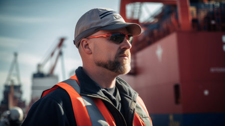 Supervising cargo loading on container ship under daylightの素材