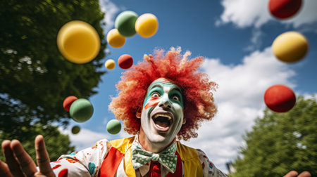 Clown juggles brightly colored balls in sunny parkの素材