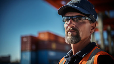 Captain oversees cargo loading on container shipの素材