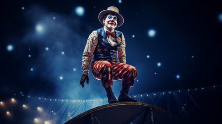 Clown rides unicycle on tightrope with spotlights on himの素材