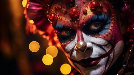Intense close-up of clown's face preparing for magical trick under spotlightの素材