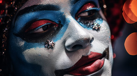 Clown's face decorated with intricate paint and glitter preparing for trickの素材