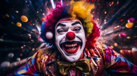 Close-up of clown's surprise emerging from small car with balloonsの素材