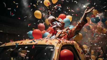 Clown's surprise as he emerges from small car under spotlightsの素材
