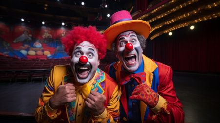 Professional clown duo engages in comical slapstick routineの素材
