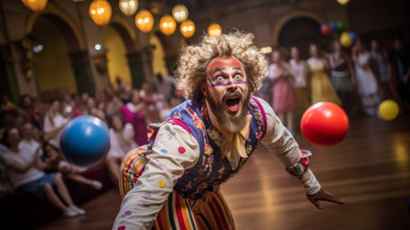 Determined clown performs juggling routine on well-lit stageの素材