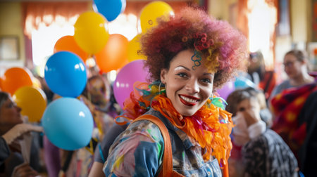 Clown expertly twists balloons into animal shapesの素材