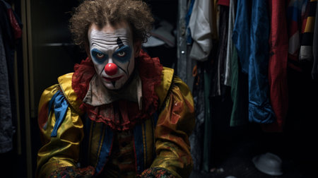 Sad clown removes makeup with melancholic expressionの素材