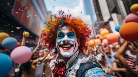 Group of clowns march through city street in carnivalの素材