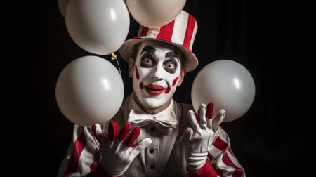 Mime clown performs balloon animal routine with whimsical expressionの素材