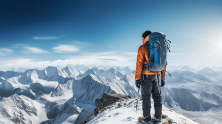 Adventure photographer stands on snowy peak with camera slung over shoulderの素材