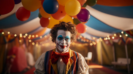 Inquisitive clown framed by colorful balloons and festive tentの素材