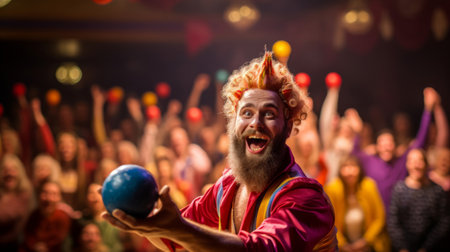 Close-up of clown expertly juggling colorful pins on well-lit stageの素材