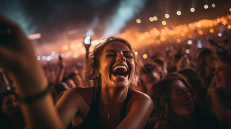 Engaging portrait of photographer capturing music festival with DSLR cameraの素材