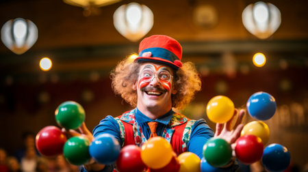 Determined clown performs juggling routine with colorful pinsの素材