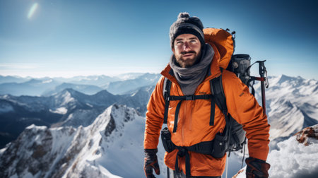 Adventure photographer on snowy mountain peak with cameraの素材