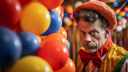 Close-up of inquisitive clown with curious expression framed by circus tentの素材