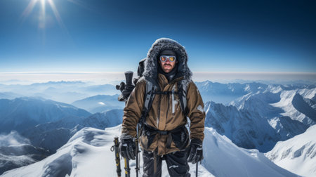 Adventure photographer in outdoor gear stands on snow-covered mountain peakの素材