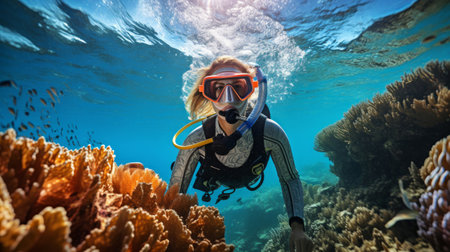 Portrait of underwater photographer capturing marine life with diving gearの素材