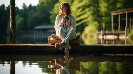 Portrait of young female photographer by serene lake with camera on lapの素材