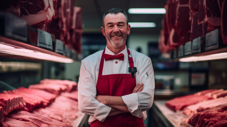 Close-up portrait of skilled butcher with fresh cuts of meat in meat counterの素材