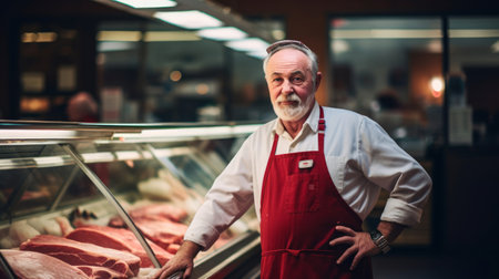 Butcher presents premium cuts of meat behind glass display case in bright even LED lightingの素材