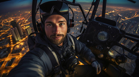 Photographer suspended from helicopter captures cityscape at twilightの素材