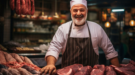 Traditional butcher serves customer in market surrounded by fresh meatsの素材