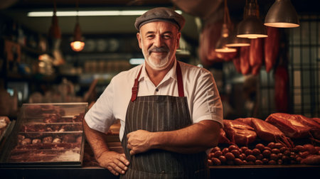 Portrait of butcher in front of vintage-style butcher shop with hanging sausagesの素材